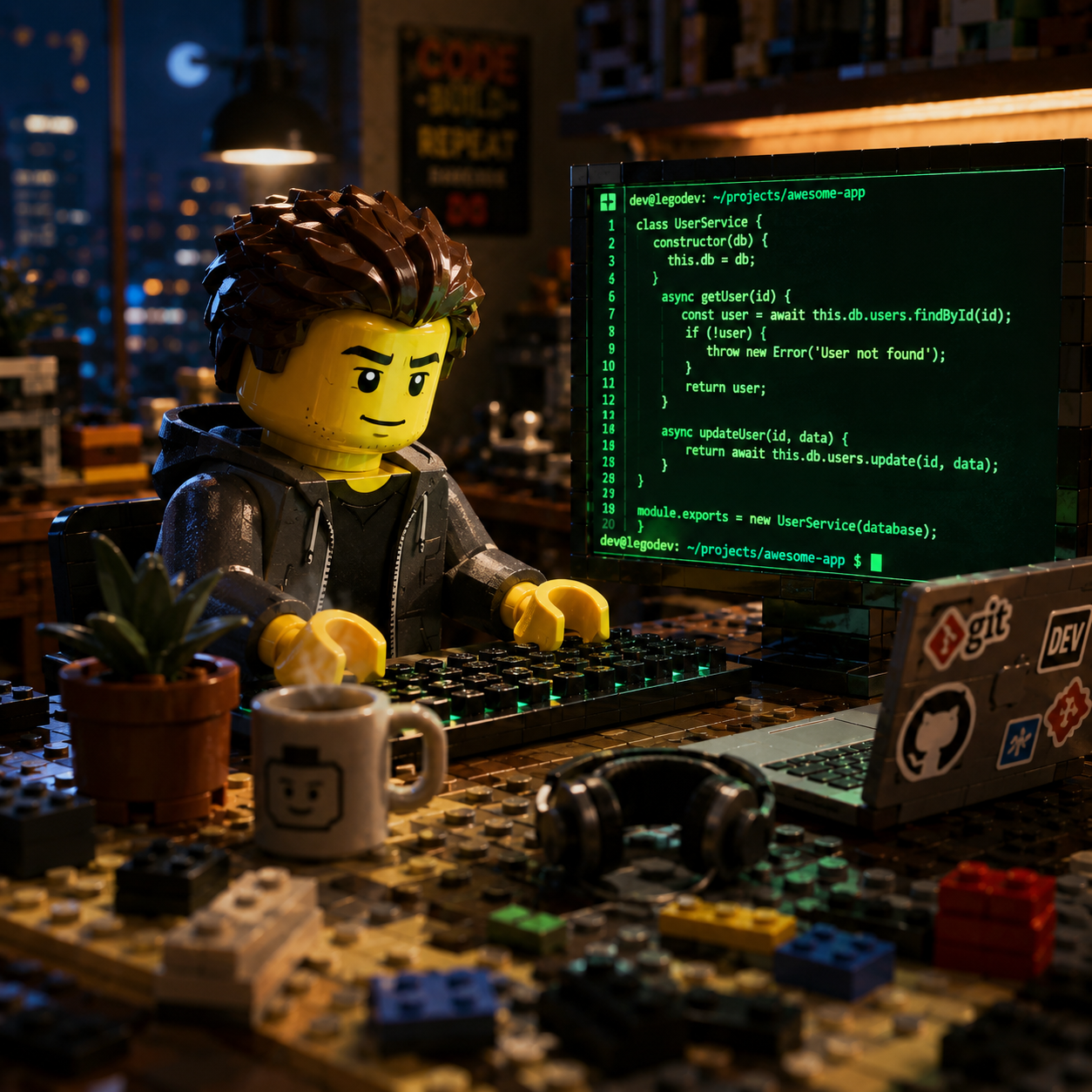 my workstation — LEGO scene, monitor mid-compile in green-on-black, headphones, coffee mug, brick city skyline behind