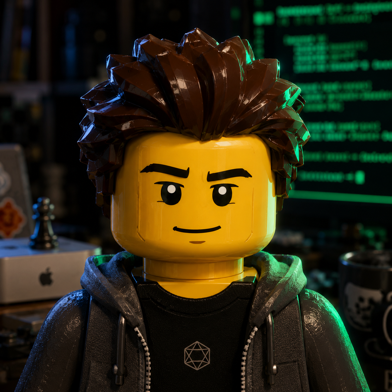 me at my desk — LEGO minifig, brown hair, hoodie, headphones, green-on-black terminal behind me, coffee within reach